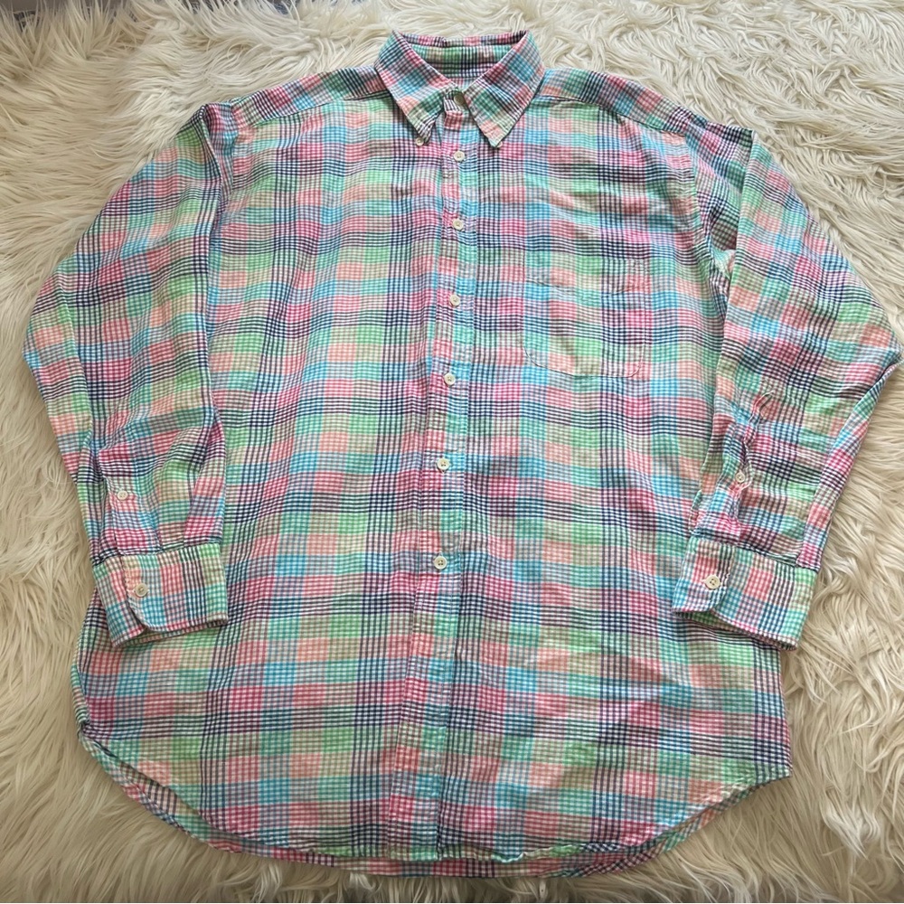 Hinton & Hinton Pastel Colorful Gingham Button up Shirt Linen Blend Men’s Size M